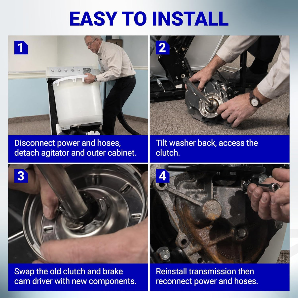 285785 Washer Clutch Kit, four-panel installation guide showing washer disassembly and clutch replacement steps
