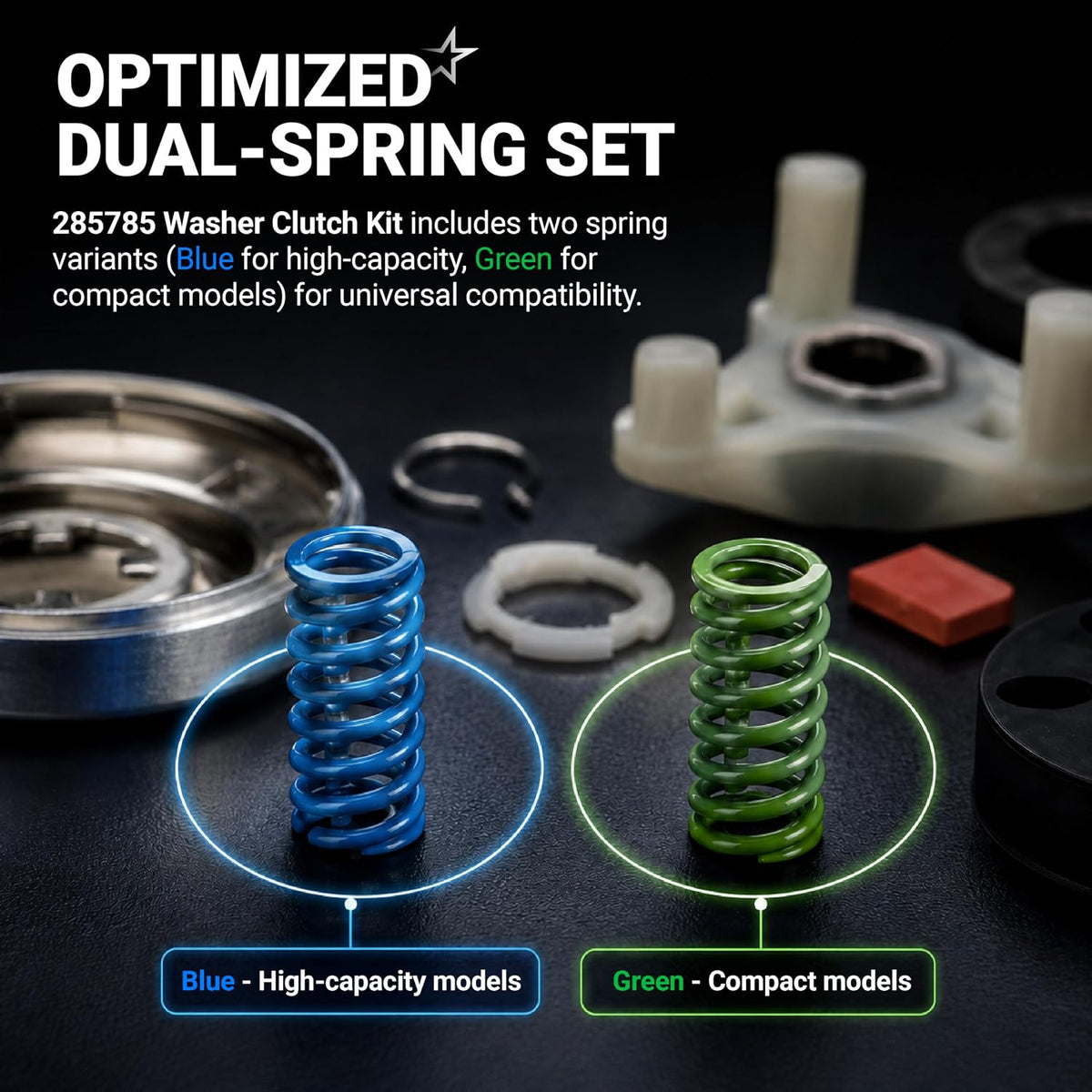 285785 Washer Clutch Kit shows blue and green dual-spring variants labeled for high-capacity and compact models