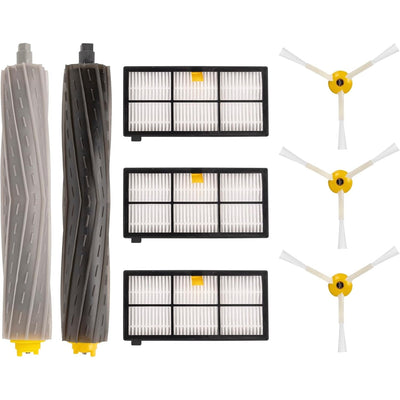 Replacement parts kit for iRobot Roomba 800 and 900 series including two debris extractors, three filters, and side brushes.