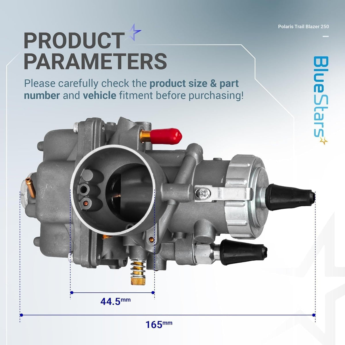 3130383 carburetor assembly for Polaris Trail Blazer 250 with dimension diagram showing 44.5mm and 165mm measurements.