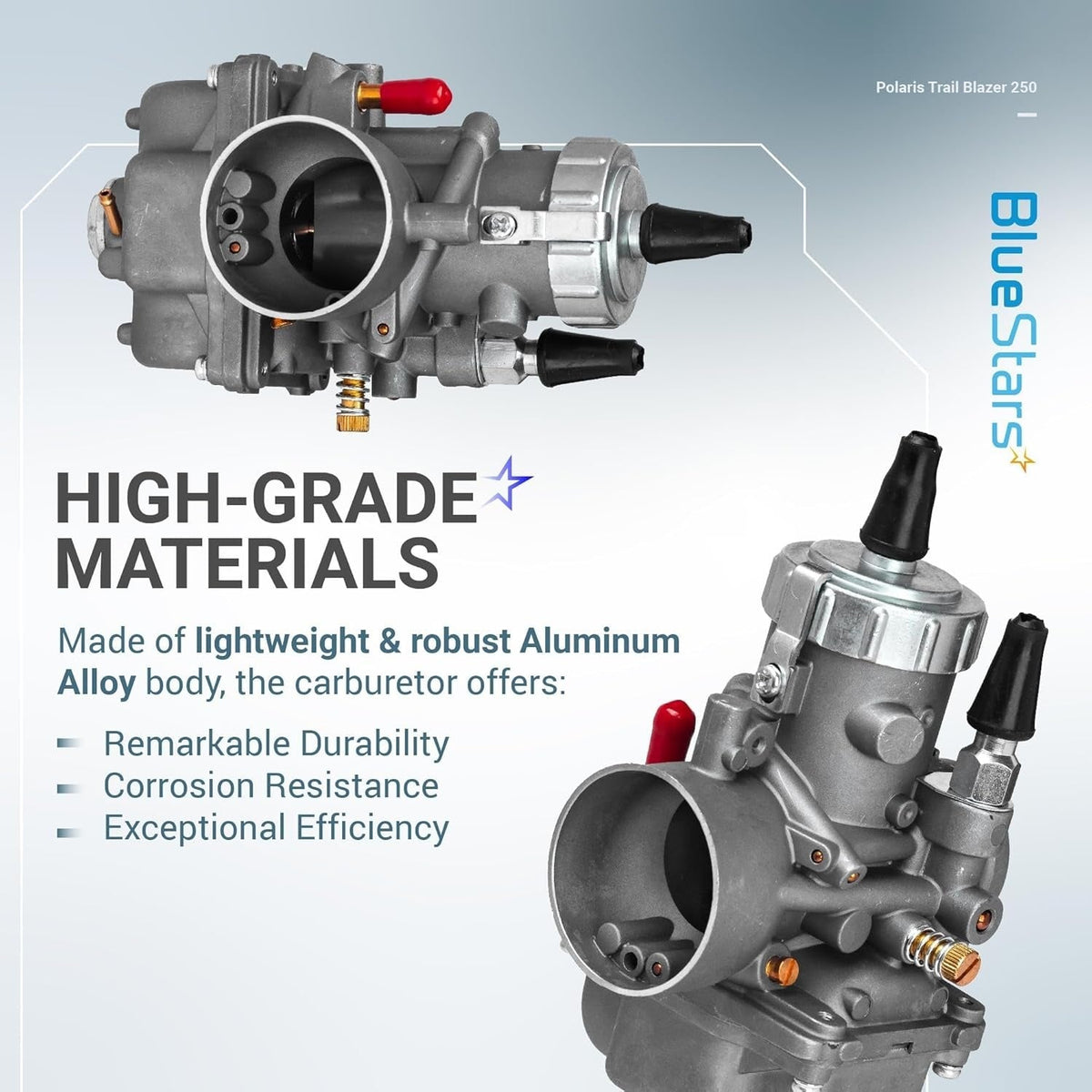 Aluminum alloy carburetor for Polaris Trail Blazer 250 shown from multiple angles with high-grade material text.