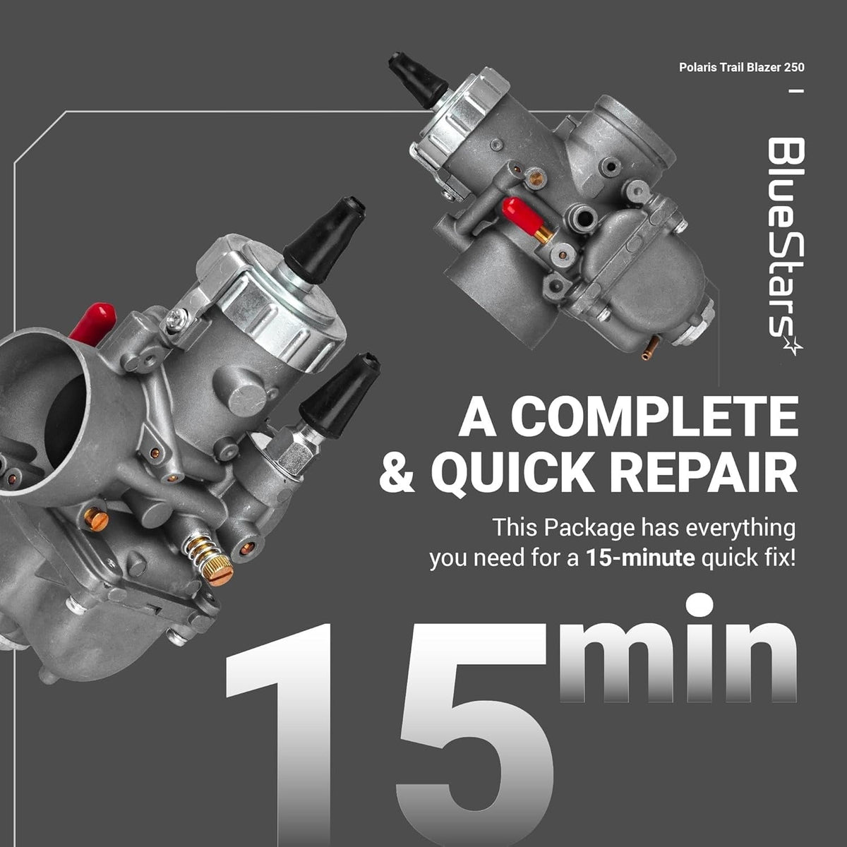 Two 3130383 carburetor assemblies for Polaris Trail Blazer 250 shown in a promotional repair kit graphic.
