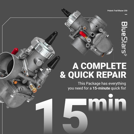 Two 3130383 carburetor assemblies for Polaris Trail Blazer 250 shown in a promotional repair kit graphic.