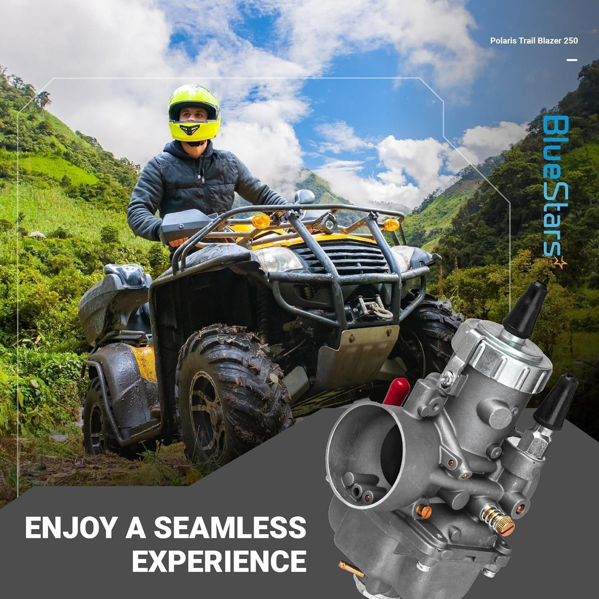 Replacement carburetor for Polaris Trail Blazer 250 ATV shown with a rider in a mountain landscape.