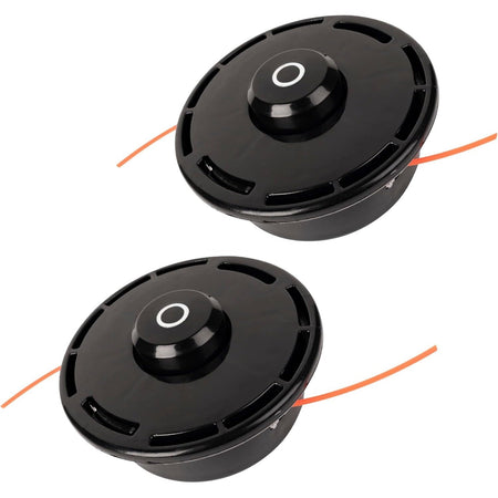 Two black 511010601 replacement trimmer heads for Redmax string trimmers.