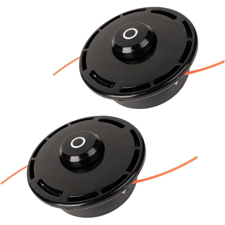 Two black 511010601 replacement trimmer heads for Redmax string trimmers.