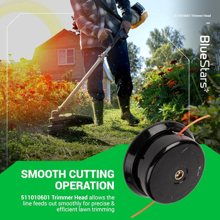 511010601 replacement trimmer head for Redmax string trimmers shown in a lifestyle product graphic.