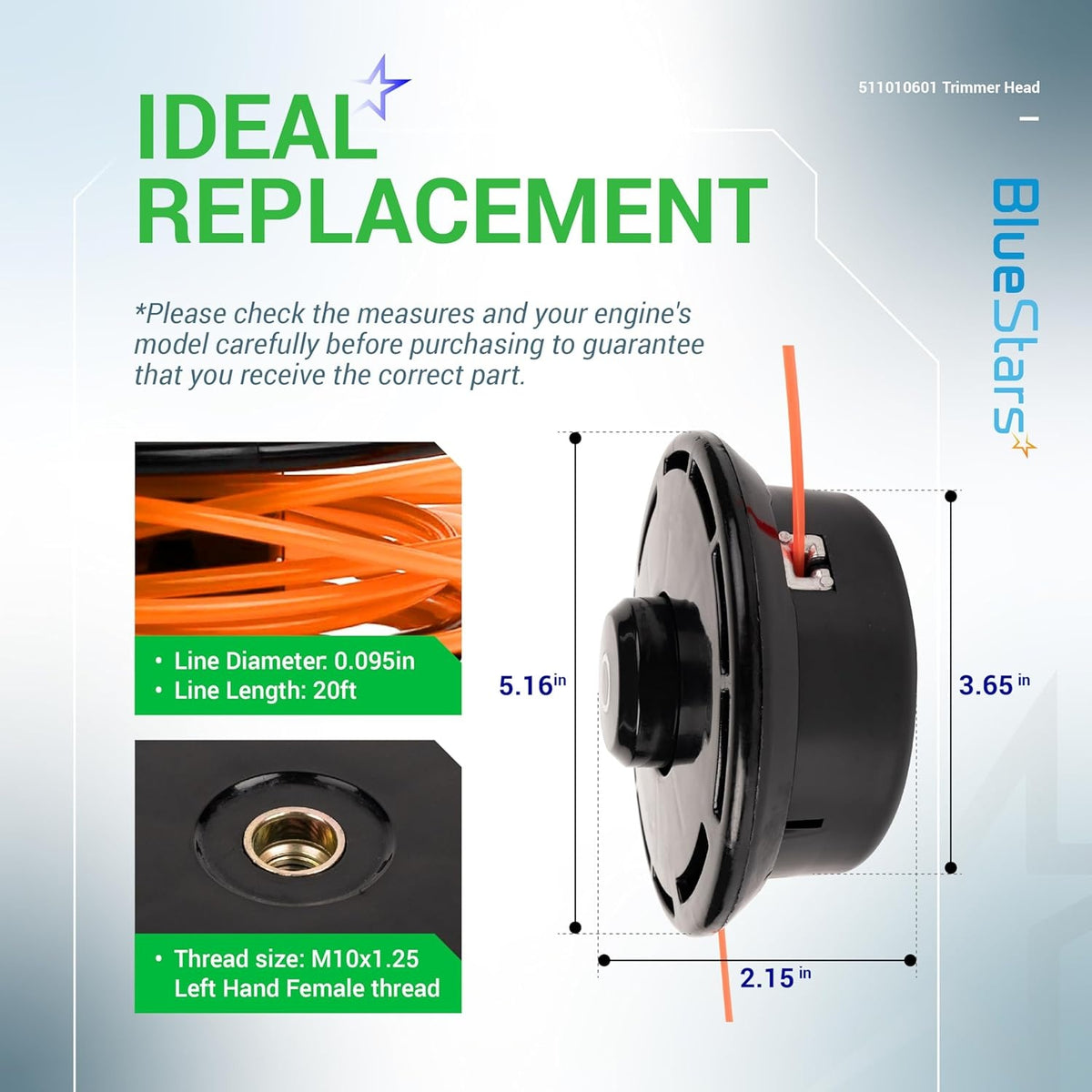 511010601 trimmer head dimensions and specifications infographic for Redmax compatible replacement parts.