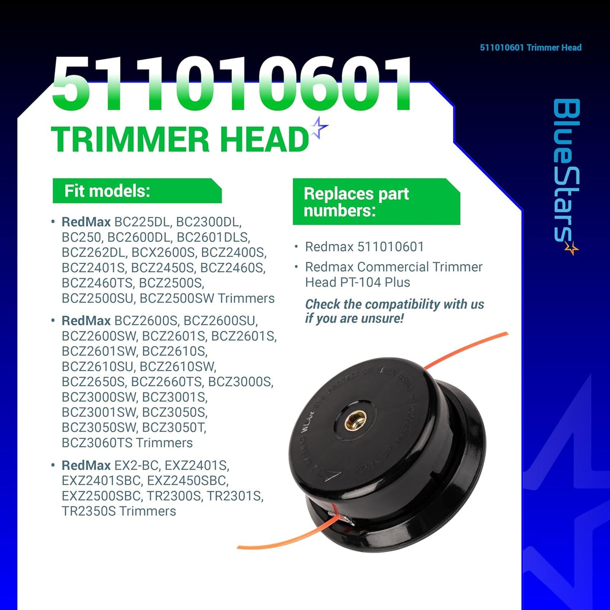 511010601 replacement trimmer head for Redmax trimmers shown on an informational product compatibility chart.