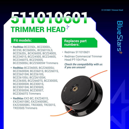 511010601 replacement trimmer head for Redmax trimmers shown on an informational product compatibility chart.