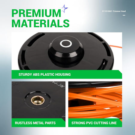 Close-up of 511010601 trimmer head showing ABS plastic housing, metal components, and orange PVC cutting line.