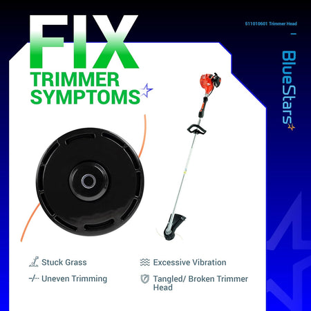511010601 trimmer head replacement part shown with a string trimmer and common repair symptoms infographic.