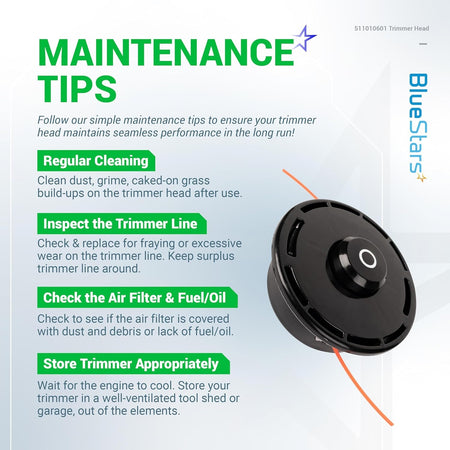Infographic showing maintenance tips for the 511010601 trimmer head compatible with Redmax trimmers.