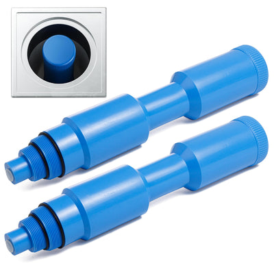 Two 17-inch blue pool skimmer winterization plugs with threaded ends for 1.5 and 2-inch skimmers.