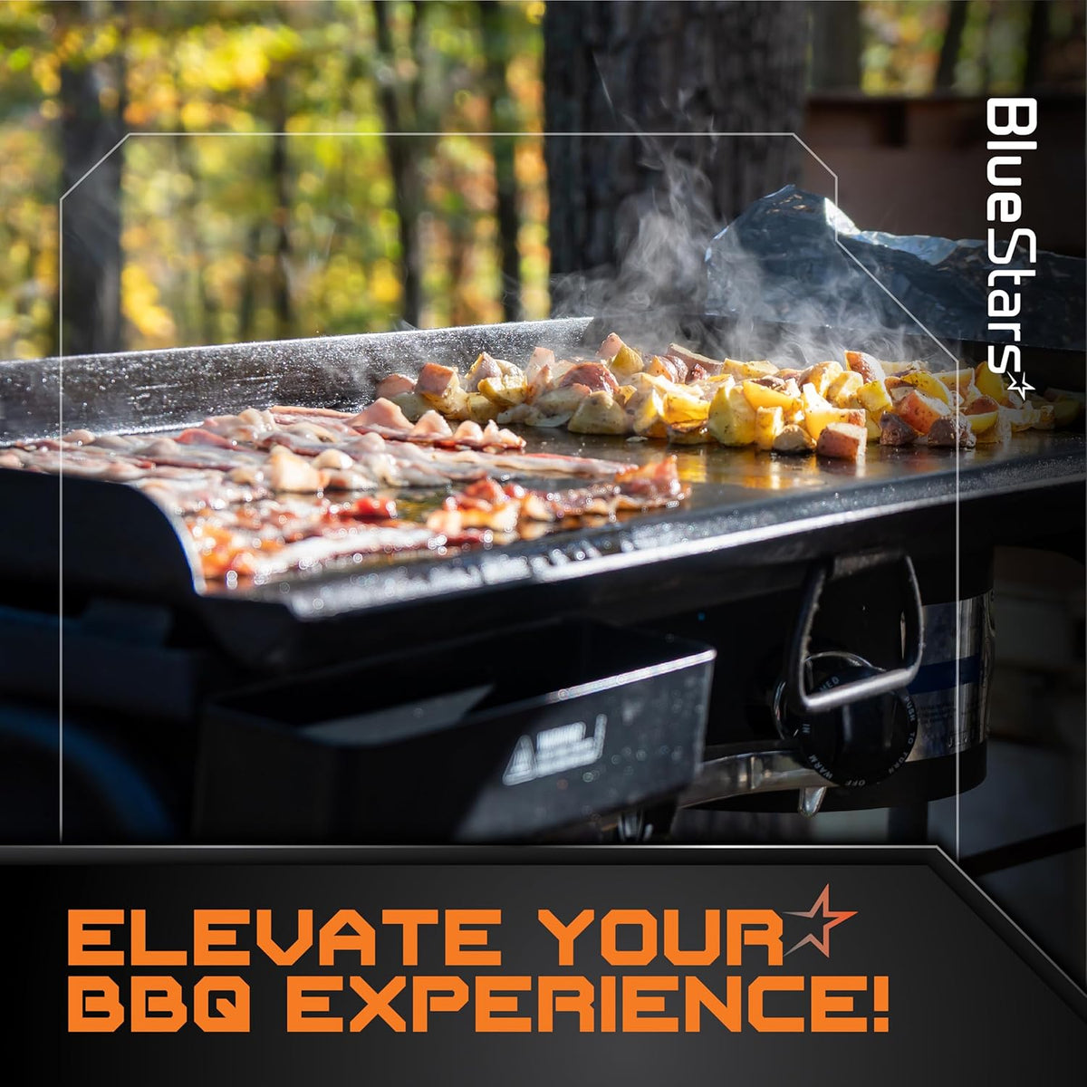 Bacon and potatoes cooking on a 22-inch outdoor griddle surface.