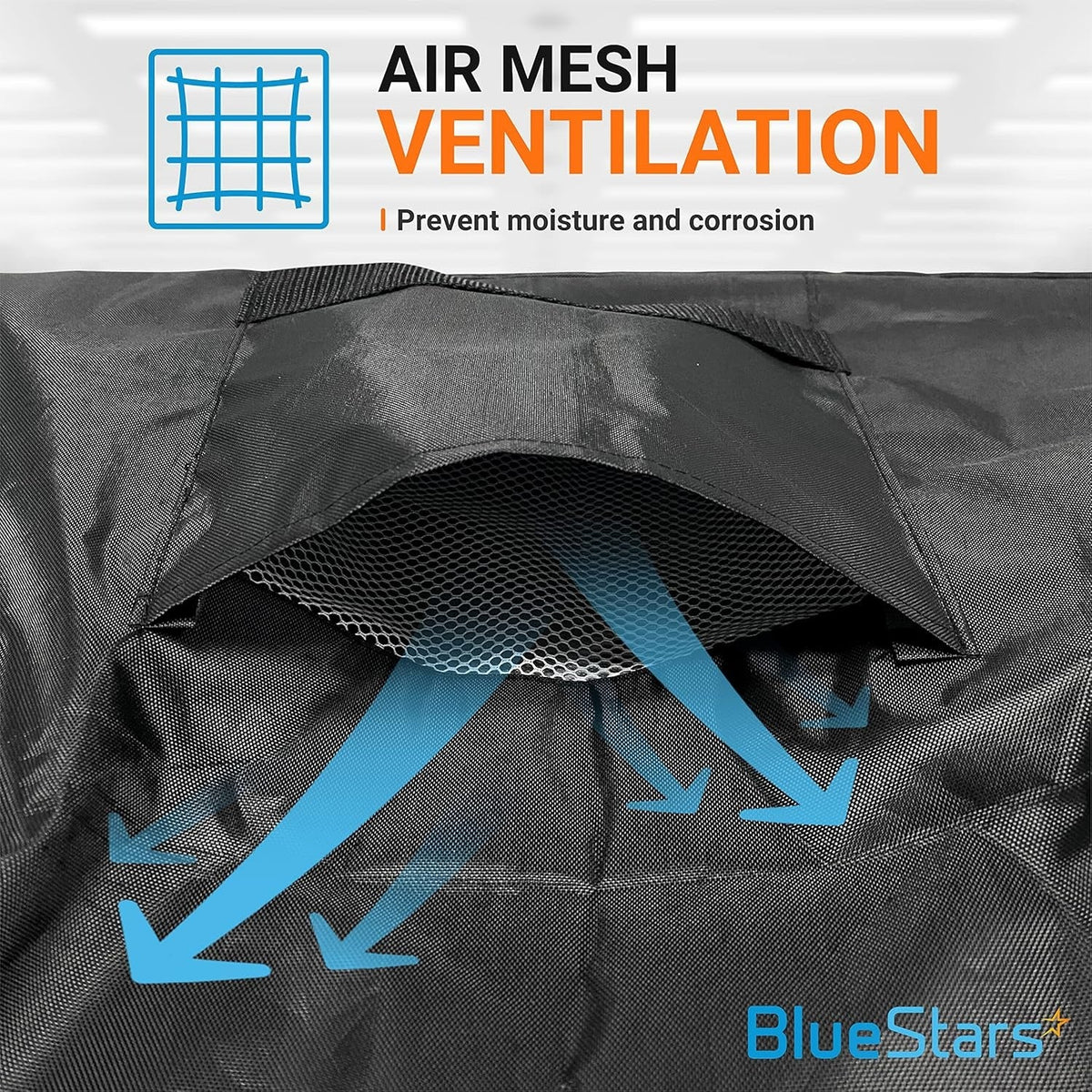 Close-up of air mesh ventilation vent on black waterproof outdoor central air conditioner cover.