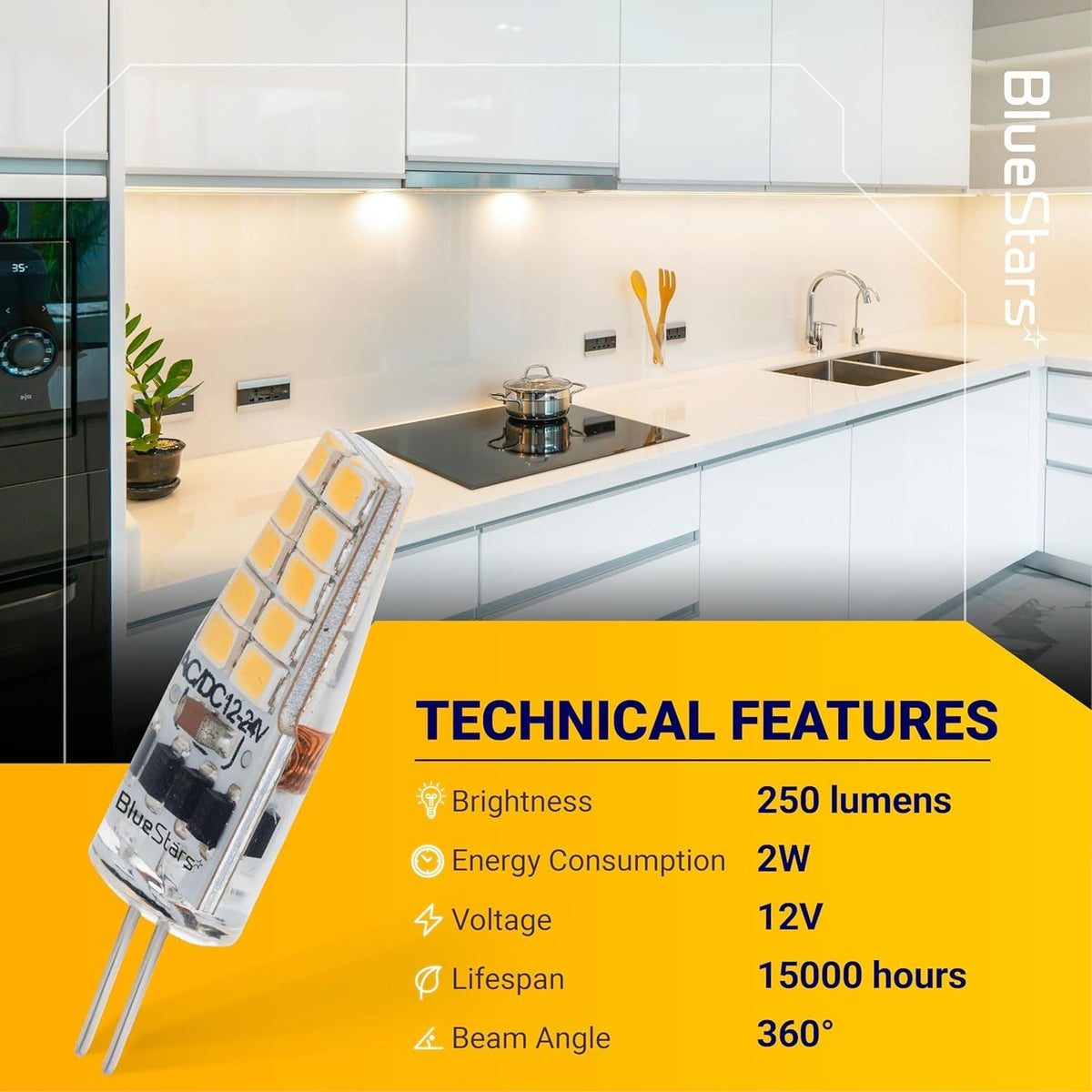 G4 LED bulb with technical specification chart showing 2W, 250 lumens, and 12V compatibility for kitchen lighting.