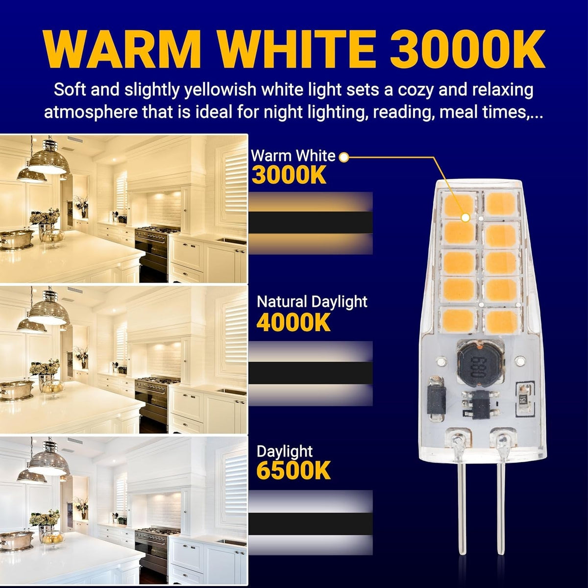 G4 LED bulb showing 3000K warm white color temperature comparison chart for kitchen lighting.