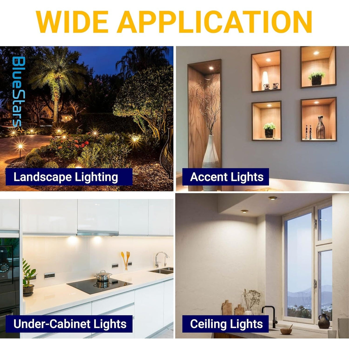 Collage showing G4 LED bulb applications including landscape, accent, under-cabinet, and ceiling lighting.