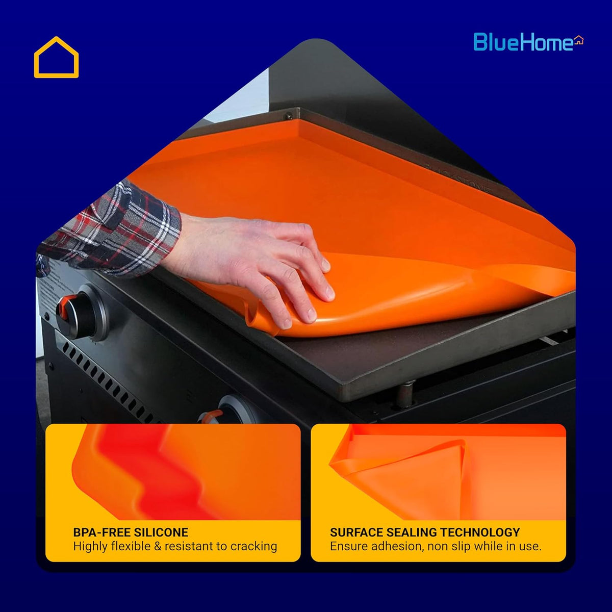 Hand placing a flexible 22-inch orange silicone griddle mat onto a flat top grill surface.