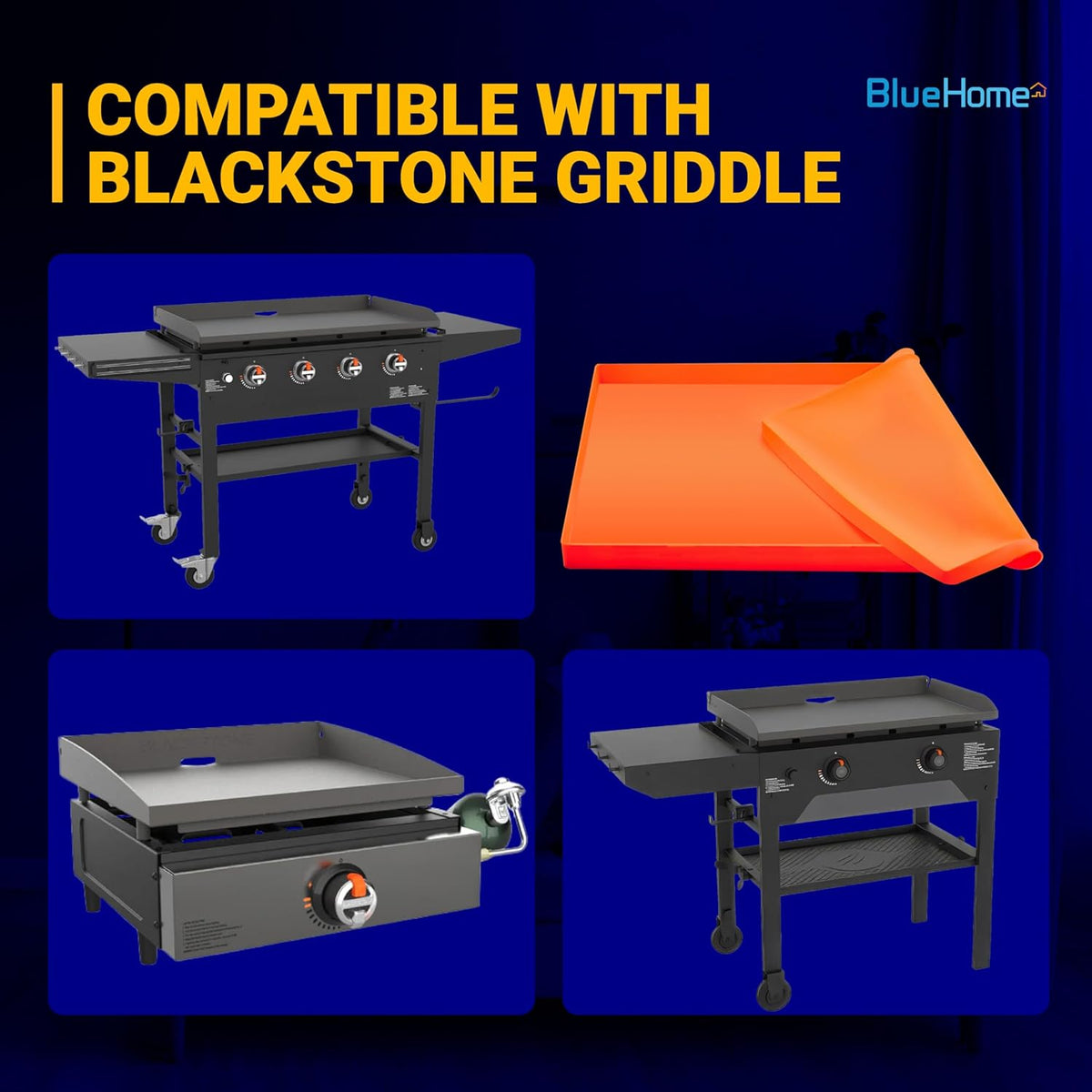 22-inch orange silicone griddle mat compatible with Blackstone griddle models shown in a product feature graphic.