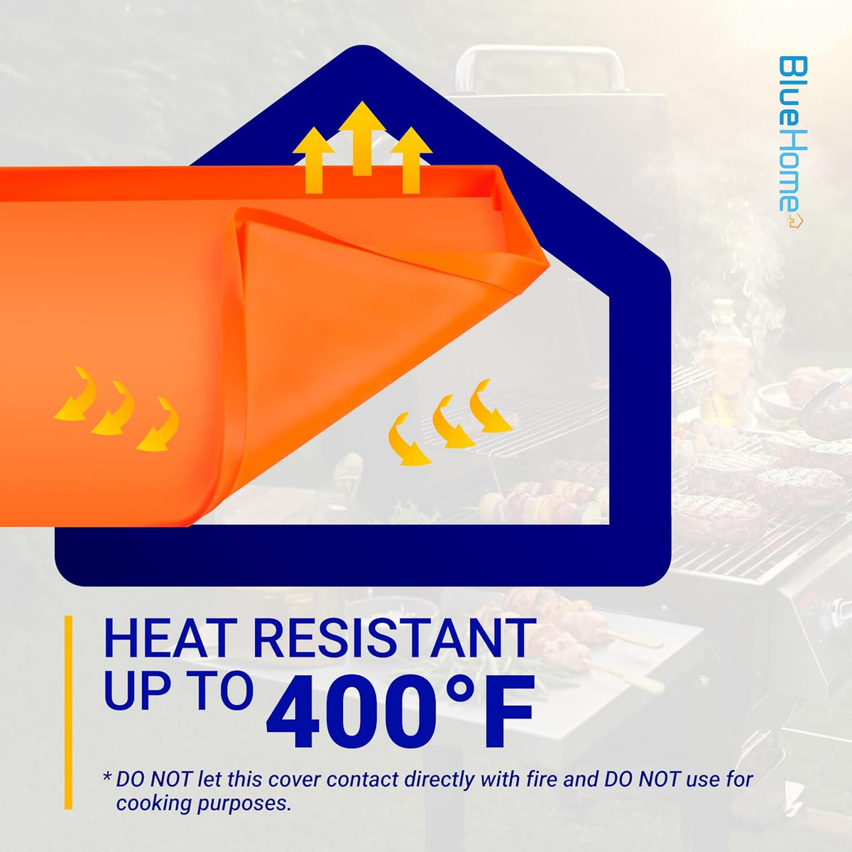 Orange 22-inch silicone griddle mat showing heat resistance up to 400°F with protective cover instructions.
