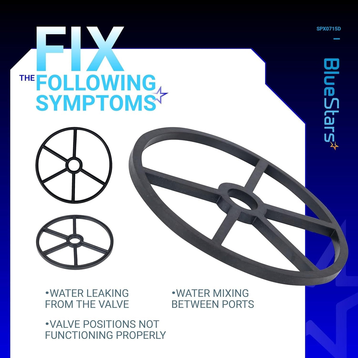 SPX0715D pool valve seat gasket replacement part shown in an informational graphic for fixing valve leaks.