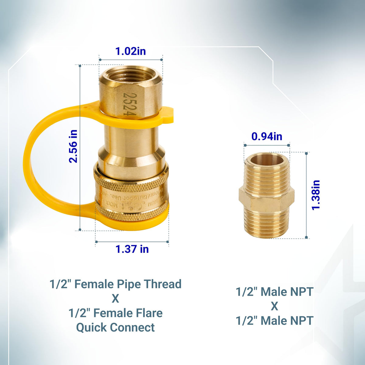 Dimensional diagram of 1/2 inch gas quick connect fitting and 1/2 inch male NPT adapter with measurements.