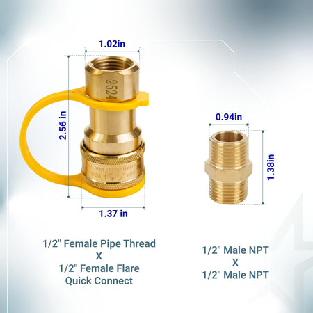Dimensional diagram of 1/2 inch gas quick connect fitting and 1/2 inch male NPT adapter with measurements.