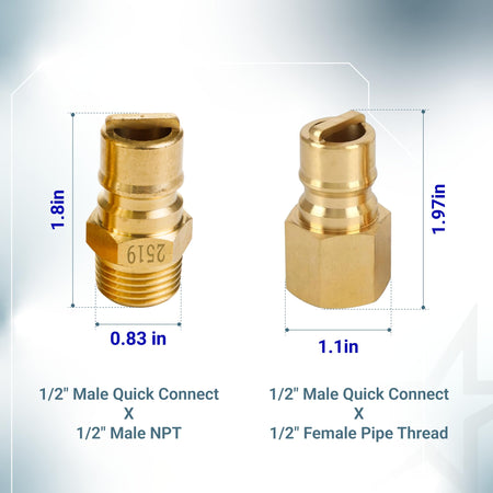 Two brass 1/2 inch gas quick connect adapters with male NPT and female pipe thread dimensions.