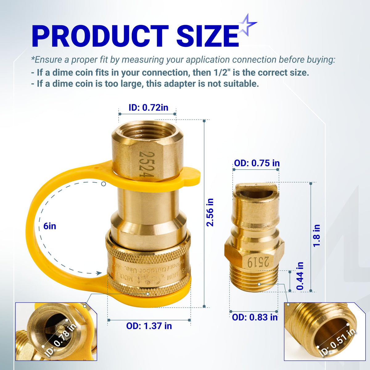 Dimensional diagram showing size specifications for 1/2 inch gas pressure regulator quick connect fittings.
