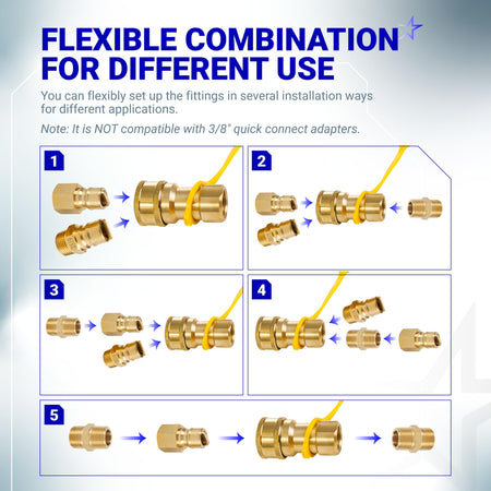 Diagram showing five flexible installation configurations for 1/2 inch gas pressure regulator brass fittings.