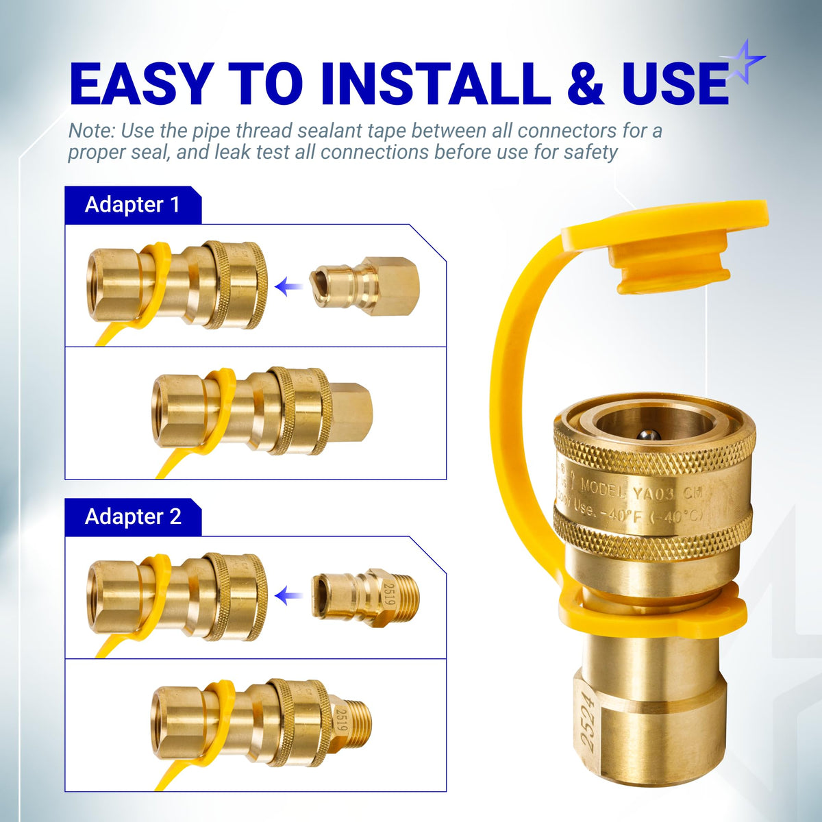 Installation guide showing 1/2 inch gas pressure regulator adapters with quick-connect fittings and yellow dust caps.