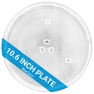 Top-down view of a 10.6-inch replacement microwave glass turntable plate with a center coupler mount.