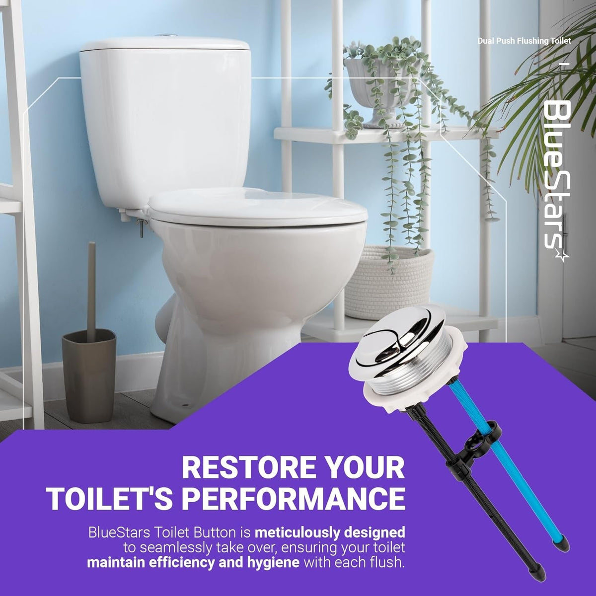 Chrome 58mm dual push flush toilet button with adjustable rods on a purple promotional background.