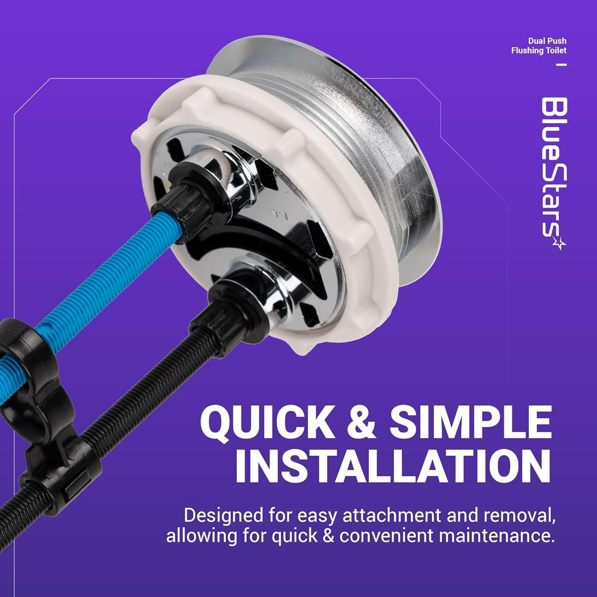 Underside view of 58mm dual push flush toilet button showing mounting hardware and adjustable rods.