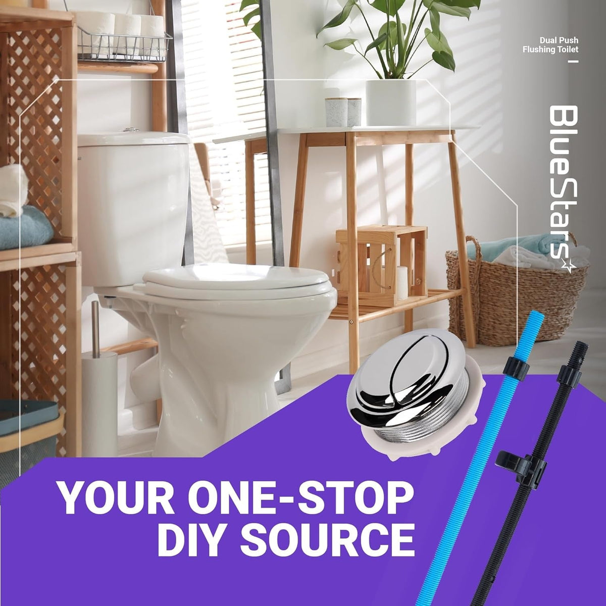 58mm dual push flush toilet button with chrome finish and adjustable rods shown in a lifestyle bathroom setting.