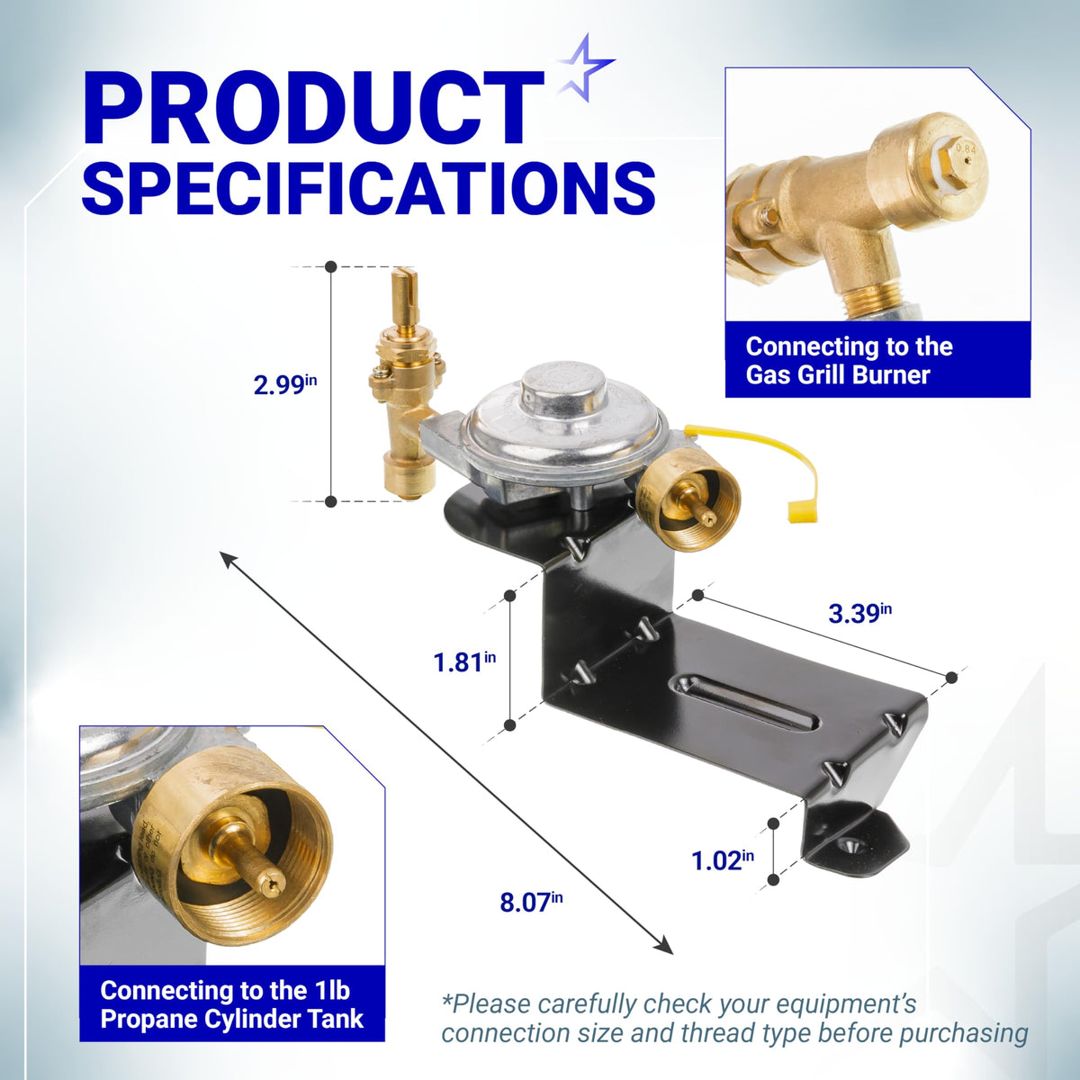 Weber gas grill valve regulator 64866 with dimension specifications and connection close-ups for Q1000 and Q1200 grills.