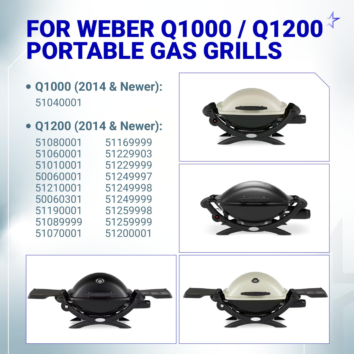 Compatibility chart for Weber Q1000 and Q1200 portable gas grills showing model numbers and grill images.