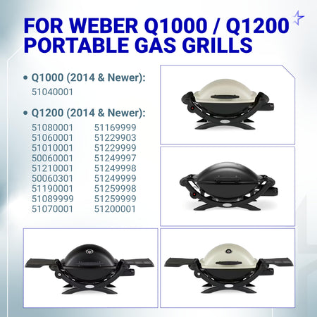 Compatibility chart for Weber Q1000 and Q1200 portable gas grills showing model numbers and grill images.