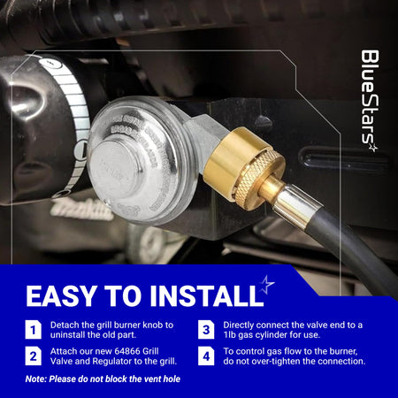 Installation guide for 64866 Weber gas grill valve regulator showing connection to a 1lb gas cylinder.