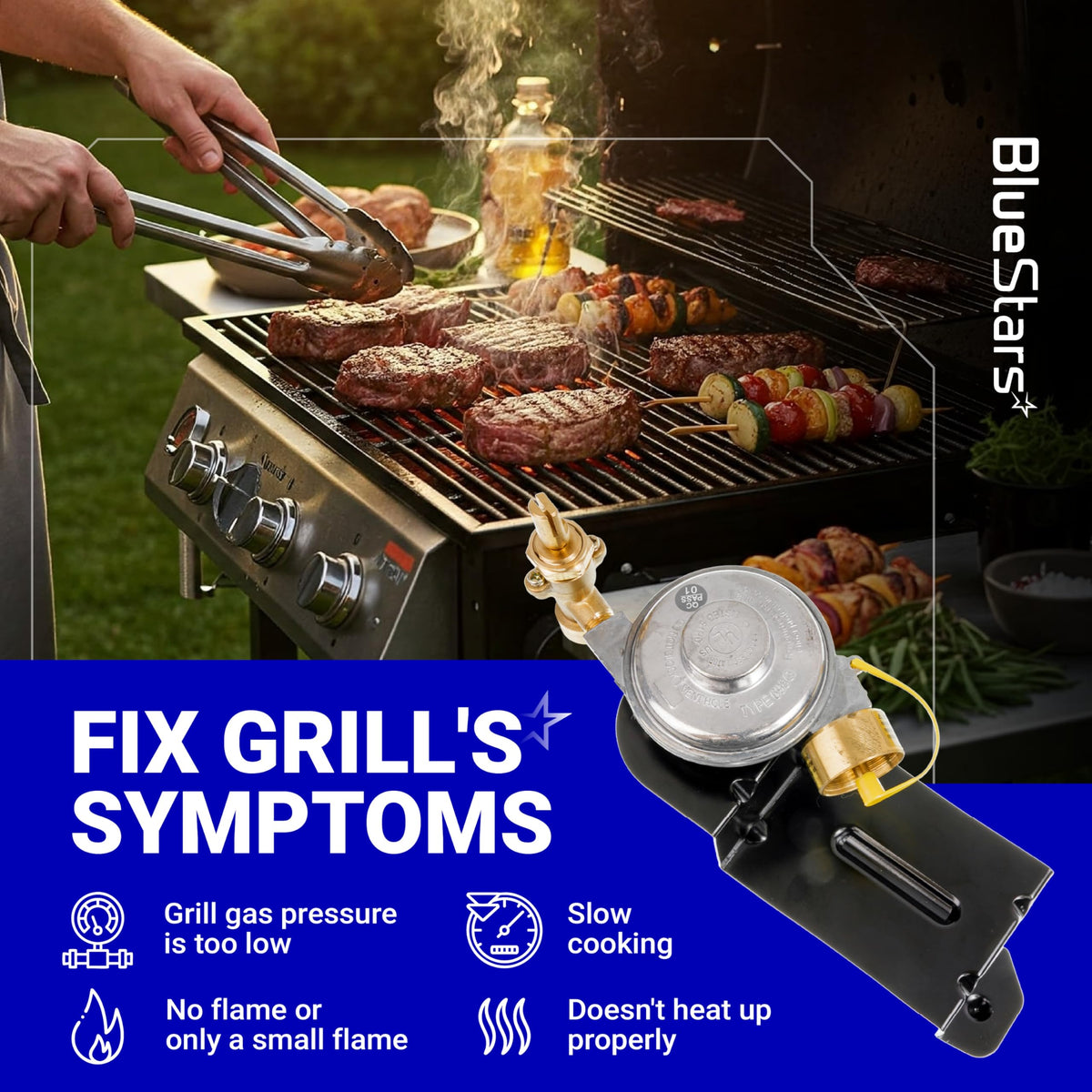 Weber 64866 gas grill valve regulator replacement part shown with troubleshooting symptoms for Q1000 and Q1200 grills.