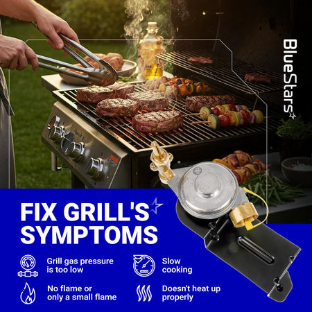 Weber 64866 gas grill valve regulator replacement part shown with troubleshooting symptoms for Q1000 and Q1200 grills.