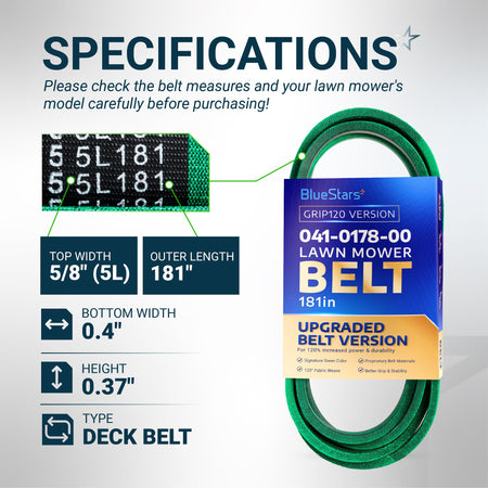 BlueStars 041-0178-00 lawn mower deck belt specifications chart showing 5/8 inch width and 181 inch outer length.