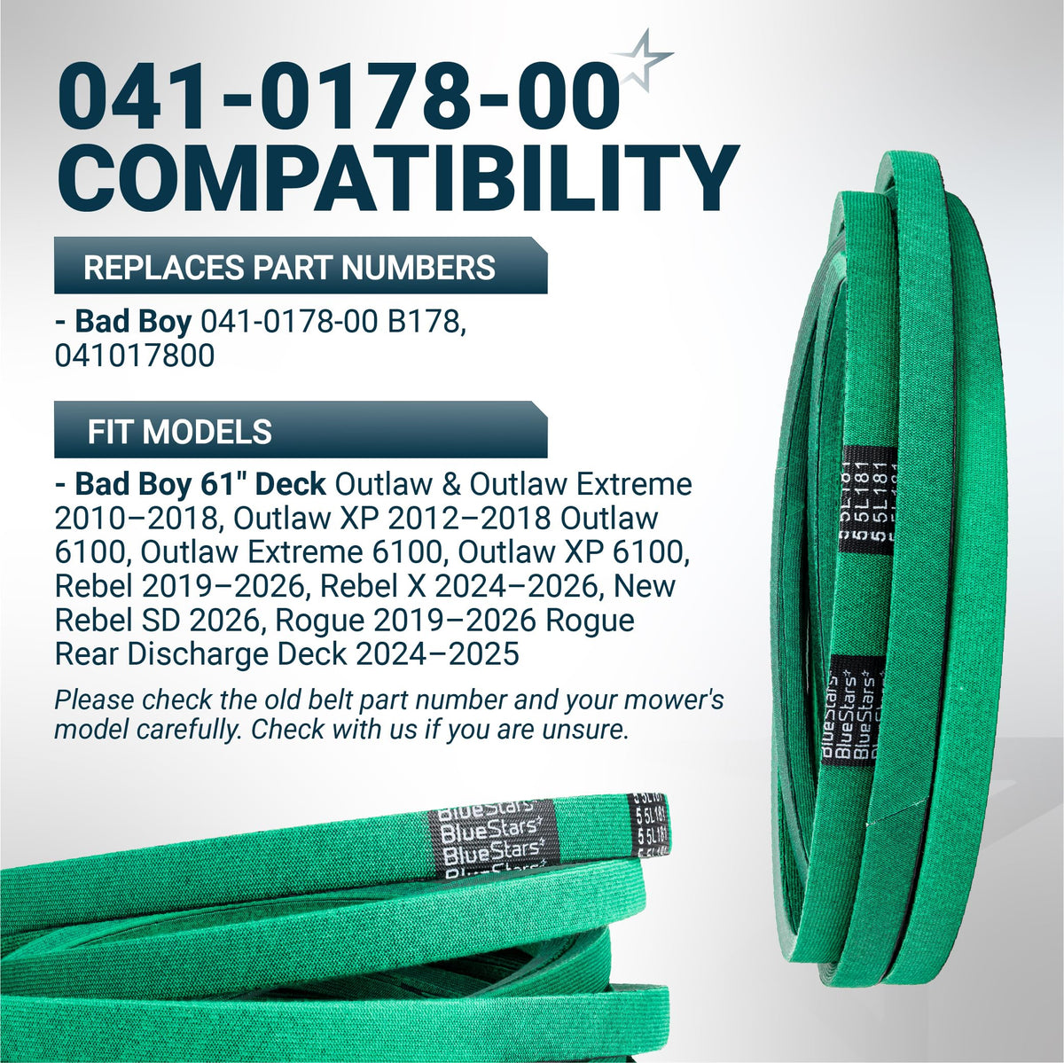 Replacement mower deck belt 041-0178-00 for Bad Boy 61-inch deck mowers, showing compatibility and part details.