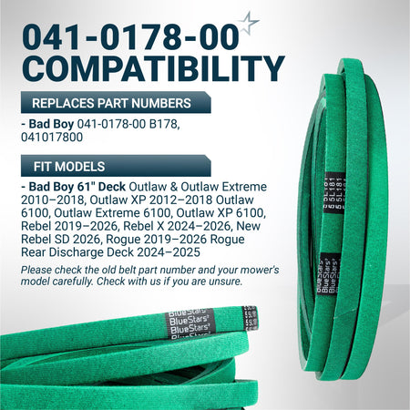 Replacement mower deck belt 041-0178-00 for Bad Boy 61-inch deck mowers, showing compatibility and part details.
