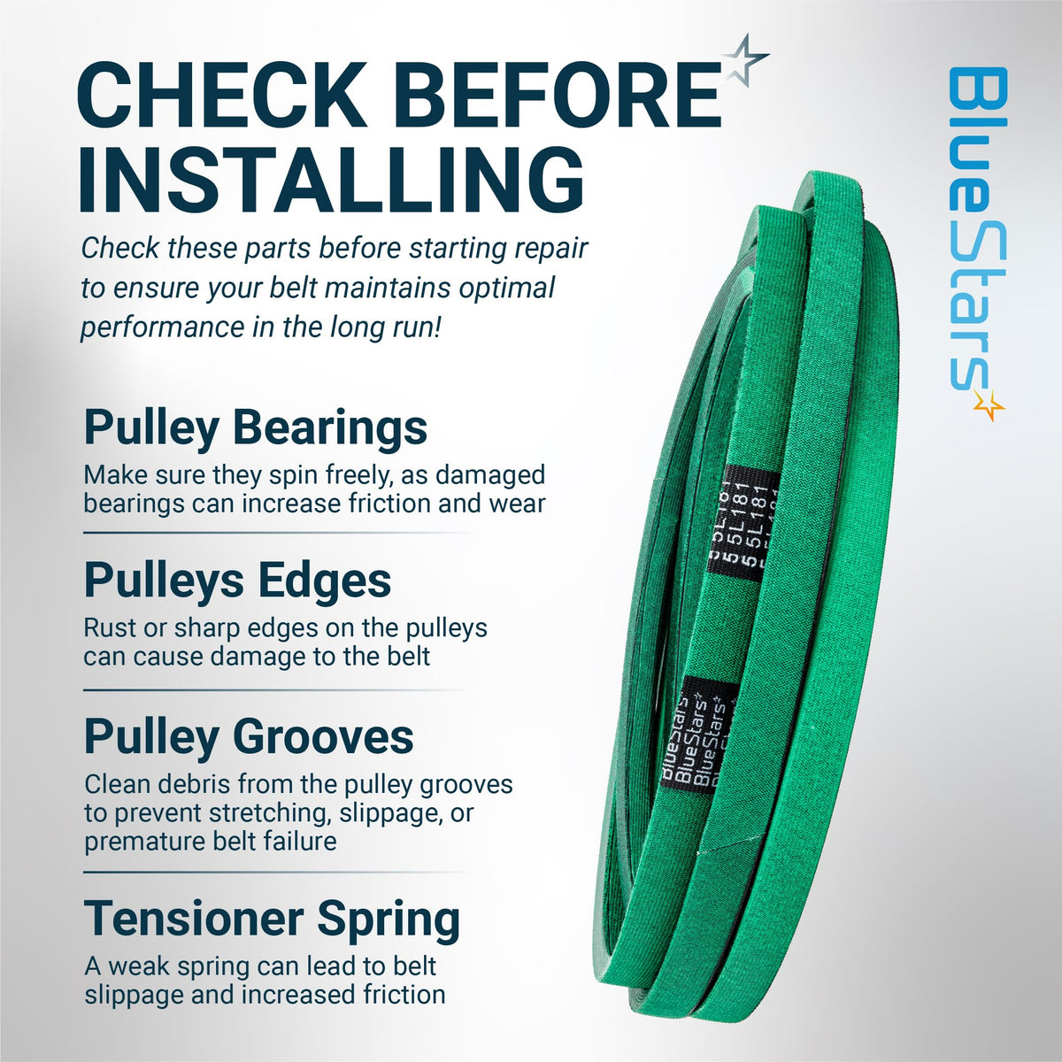 BlueStars green replacement drive belt with installation checklist for pulley maintenance.