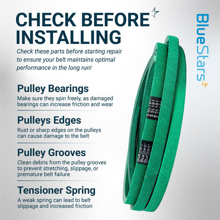 BlueStars green replacement drive belt with installation checklist for pulley maintenance.