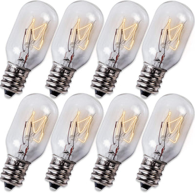 Pack of eight E12 T20 120V 15W salt lamp light bulbs with clear glass and visible filaments.