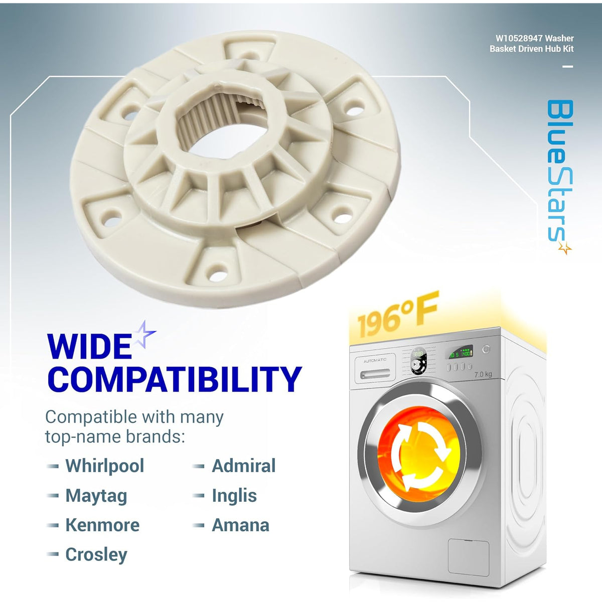 W10528947 Washer Basket Driven Hub Kit shown with washer graphic and wide compatibility text